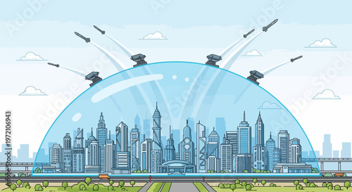 Futuristic cityscape, protected city, shielded metropolis, blue dome, urban defense, vector illustration