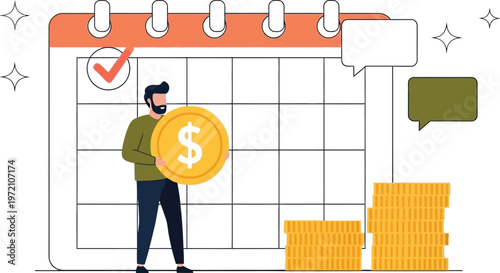 Man holding a dollar coin in front of a calendar with coins