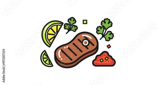 Grilled steak icon, steak with herbs, lemon slices, vector food illustration, barbecue symbol