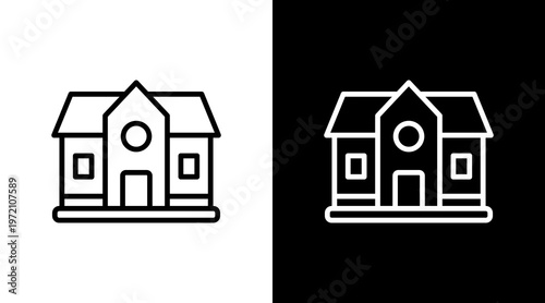 School Building White Icon Set Design