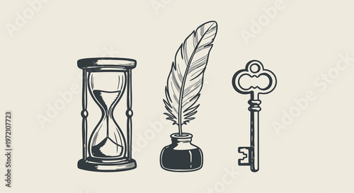 Illustration of a vintage hourglass, inkwell with a quill pen, and a skeleton key, symbolizing time, writing, and access