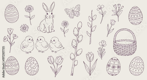 Easter Holiday Icons Collection Featuring Bunny, Chicks, Flowers, and Decorated Eggs