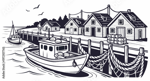 A quaint seaside village with fishing boats docked at the pier, surrounded by charming houses and fishing nets