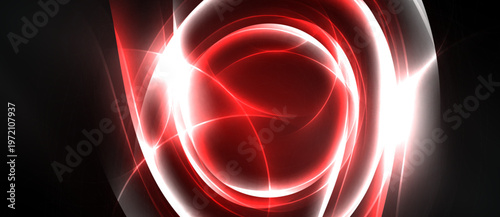 Abstract red energy flows, bright white center. Dynamic curves create glowing visual impact, dark background enhances luminosity.