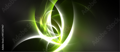 Abstract swirls, vibrant green glows, dynamic energy. Dark background emphasizes bright lines, creating modern visual impact.