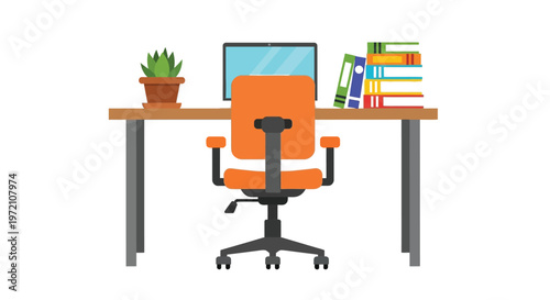 Minimalist professional office workspace interior featuring a clean wooden desk with a computer monitor an ergonomic orange chair stacked colorful books and a small green potted succulent plant design