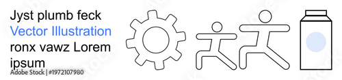 Fitness, motion, industry, packaging design, teamwork, health. Gear cog, two running figures and a milk carton graphic in minimalist style. Fitness and motion illustration for health and activity