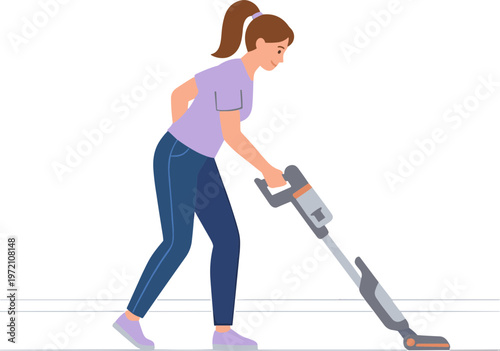 A woman is vacuuming the floor with a machine.
