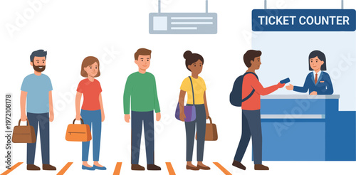 People wait in line at airport ticket counter with luggage