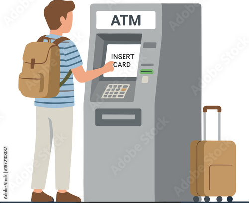 Man with backpack and luggage using an ATM machine outdoors.