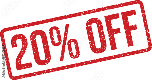 Vivid red grunge stamp showing 20 percent off on a clean white background