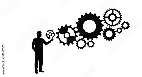 Silhouette of a professional man interacting with a complex system of black vector gear wheels