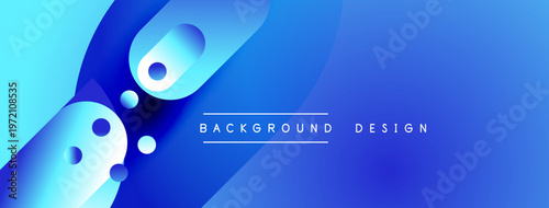Abstract blue shapes create dynamic background. Gradient colors blend, offering modern visual appeal. Simple text overlay present.