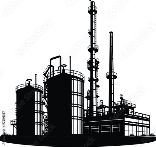 Black and white silhouette of an industrial oil refinery plant with tall towers and tanks