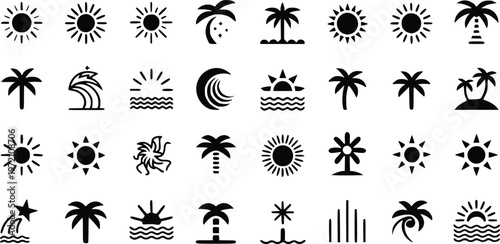 Compilation of black tropical palm trees, abstract sun designs, and flowing ocean wave graphics on checkered backdrop.