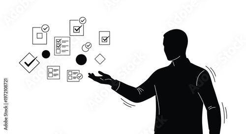 Vector graphic illustration of a person managing and displaying a flow of business tasks and completed actions.