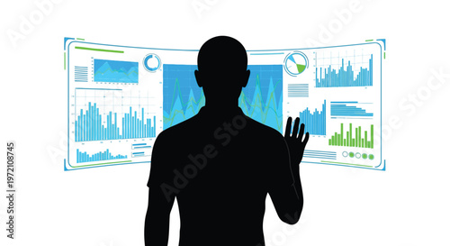 Silhouette illustration of a person interacting with a large, curved, futuristic data visualization vector graphic