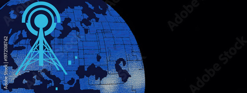 Abstract illustration of a radio antenna with concentric rings overlaying a stylized blue pixelated map of the world, highlighting global communication on a dark background.