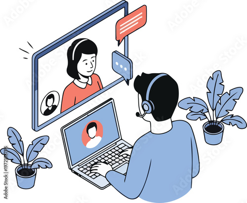 Isometric Illustration of Video Conference Call for Remote Work, Online Learning, and Virtual Business Meetings