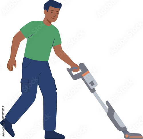 A man is vacuuming the floor with a cordless vacuum cleaner.