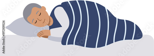 An elderly man sleeps peacefully on a bed with a pillow and blanket.