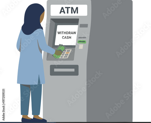 Woman withdraws cash from an ATM machine at a busy financial location.