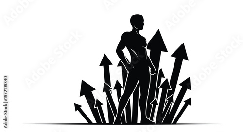 Powerful vector illustration of a determined man standing amidst upward arrows symbolizing growth and success.