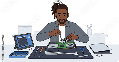 A man works on a device at a cluttered desk with various tools and gadgets.