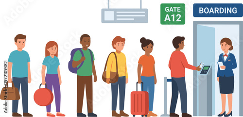 People stand in line at airport gate boarding with luggage