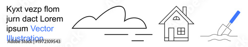 Construction, real estate, weather forecasting, home building, architectural design, landscaping. Minimalistic line art of cloud, house and trowel. Construction and real estate concept