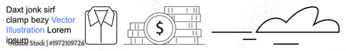 E-commerce, fashion, finance, digital connectivity, retail sales, modern solutions. Icons for a shirt, coins and cloud. E-commerce and fashion industries symbolism in clean outlines