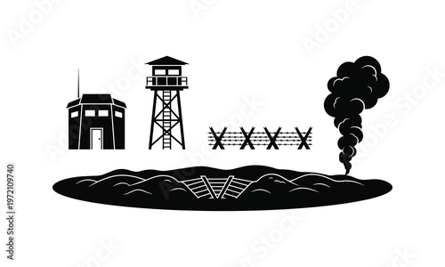 Military base elements, guard tower, barbed wire, smoke and trenches vector illustration
