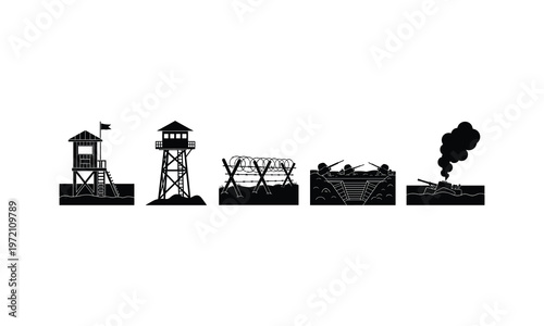 Military observation towers, barbed wire, trenches, and naval battle silhouette vector illustration