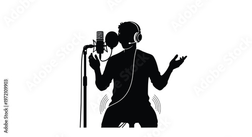 Vector illustration of a male podcaster wearing headphones while speaking into a professional studio microphone