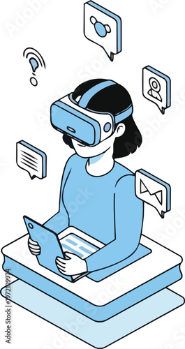 Isometric Illustration of Woman Using VR Headset and Tablet in Metaverse for Digital Communication and Online Education