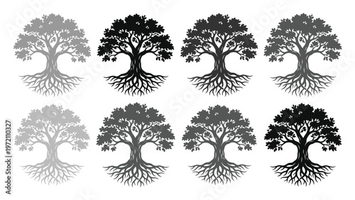 Stylized tree of life vector collection, eight intricate oak tree illustrations with roots and branches, symbolic nature and growth graphic resources