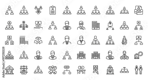 Collection of Business Organization Chart Icons Representing Hierarchy, Structure, and Management Roles in a Professional Setting