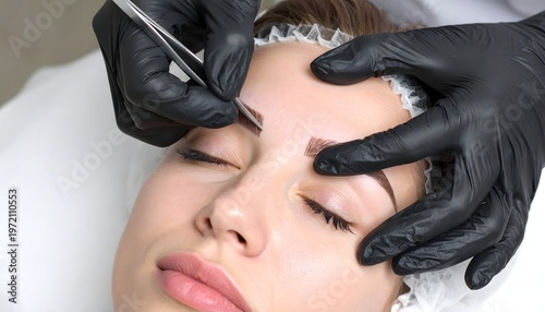 Professional eyebrow tweezing treatment with gloved hands, precision brow shaping close-up
