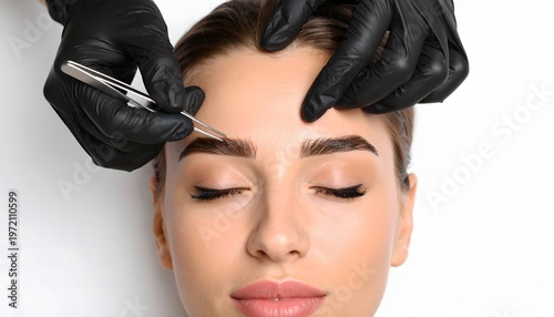 Eyebrow shaping and grooming procedure with tweezers, professional beauty treatment close-up