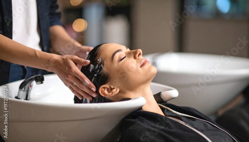 Woman relaxing during hair wash at salon basin, soothing shampoo and scalp massage close-up