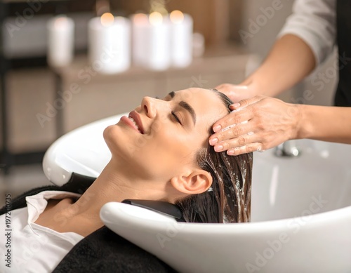 Woman enjoying relaxing hair wash at salon basin with scalp massage, professional shampoo treatment close-up