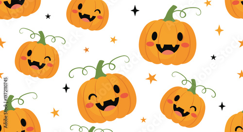 Seamless pattern for Halloween features cute winking orange pumpkins and small black and gold stars on a white background.