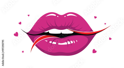 Stylized pink lips illustration features a red tongue licking the upper lip surrounded by small floating hearts.