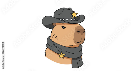 Cute capybara character wears a grey cowboy hat and a matching grey scarf adorned with a golden sheriff star badge.