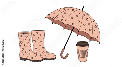 Cozy autumn set includes a star-patterned pink umbrella, heart-patterned rain boots, and a matching coffee cup.