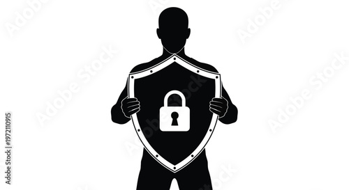Man holding a shield with a lock on it for protection and security purposes effectively