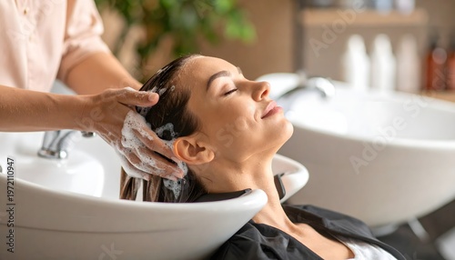 Woman relaxing during hair wash at salon basin, professional shampoo treatment close-up