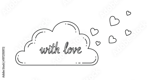Outline of a single fluffy cloud contains the words with love and several small hearts floating away to the side.
