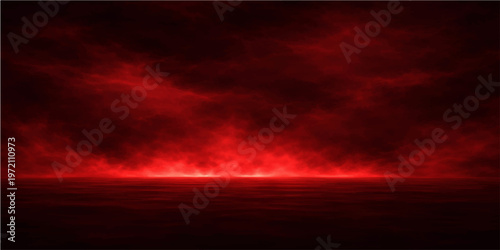 Dramatic storm clouds with fire and smoke under a red and black sky illuminated by lightning during a beautiful sunset landscape at dusk