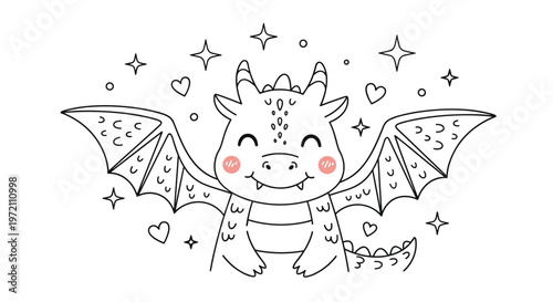 Adorable baby dragon line art illustration features wings and scales with pink cheeks surrounded by hearts and stars.